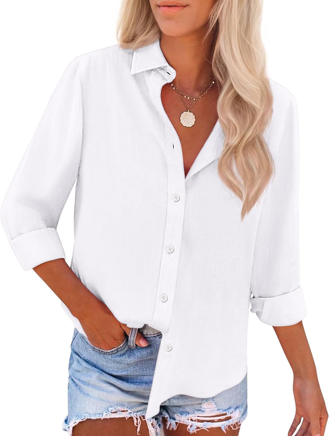 Womens Button Down Shirts Cotton Dress Shirt Stretch Oxford Shirt Long Sleeve Boyfriend Collared Wrinkle Free Blouse Top - White M