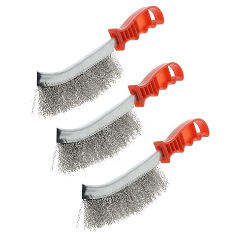 PENCK Cepillo de acero inoxidable para rascar, cepillos de mampostería de 10 pulgadas de largo con mango curvado de plástico rojo, cerdas de alambre