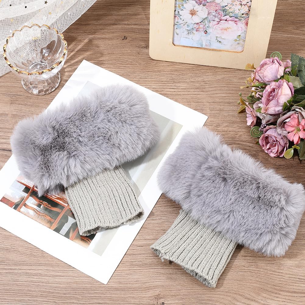 Grey Short Knit Fabric Furry Boot Top Cover Cuff Socks Toppers Knitted Fuzzy Leg Warmers Winter Soft Faux Fur Plush Leg Cuffs Bulk for Women Christmas Daily Outfit Outing Accessories - Image 4