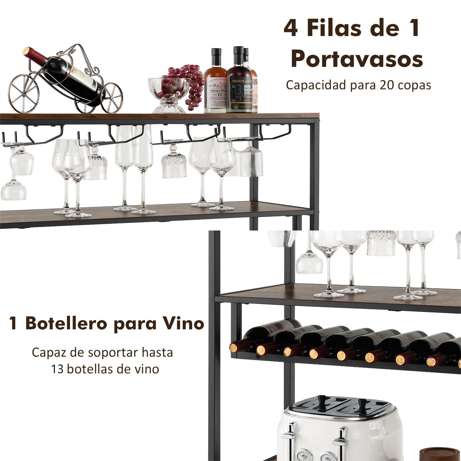COSTWAY Estante Botellero Vino, Mueble Bar Industrial con Botellero y 4 Filas de Soportes para Vasos, Amplio Tablero y Estantes Abiertos, Armario Independiente para Vinos en Cocina, Comedor, Buffet