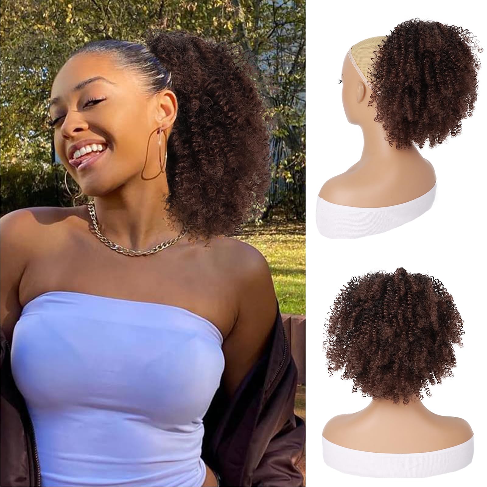 G&T Wig Afro kinky curly Drawstring Ponytail Extension for Black Women Short Afro Puff Curly Bun Syntheetic Hairpieces for Daily (1BT33)