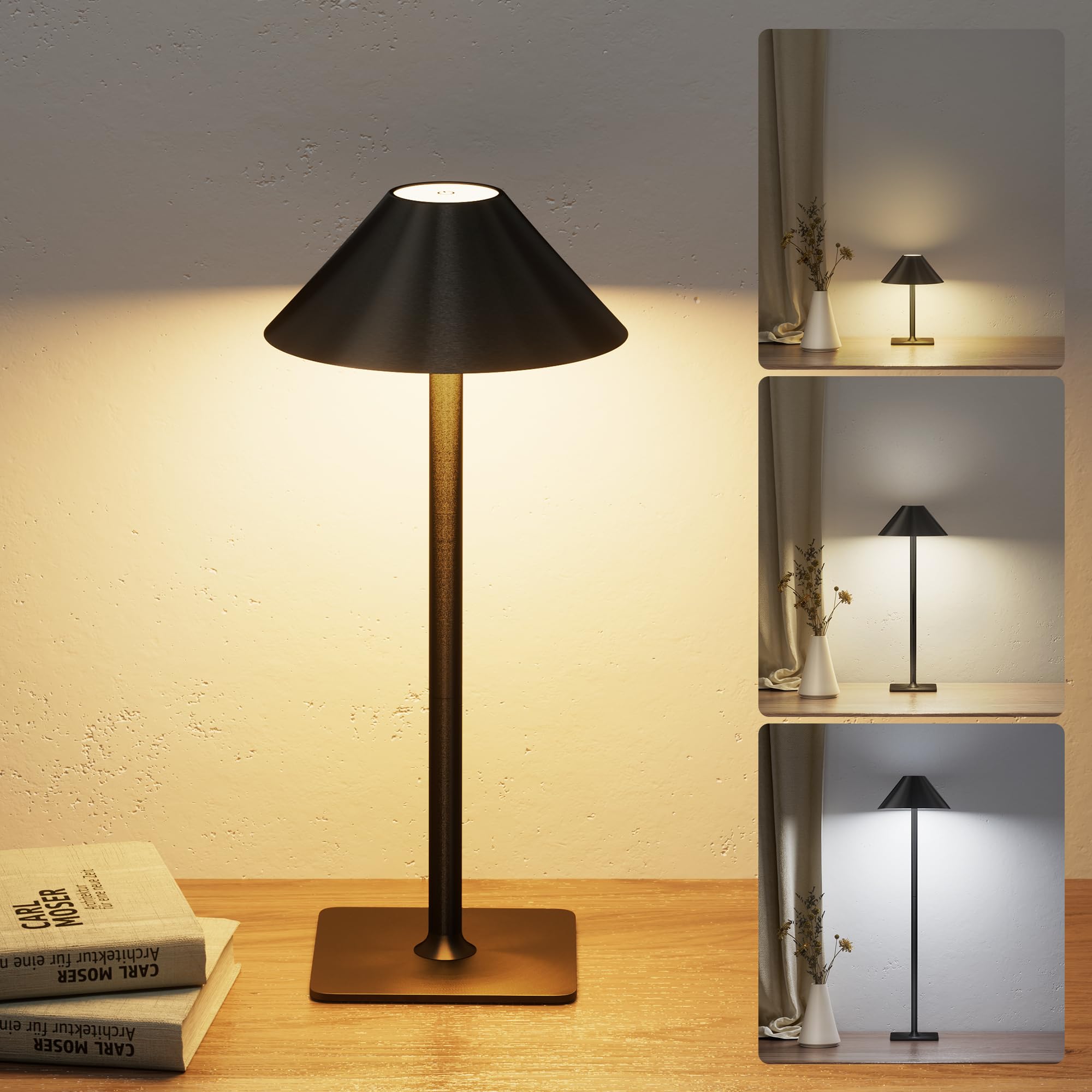 JACKYLED Tischlampe Kabellos, Wiederaufladbar mit 5000mAh Akku, 3 Höhen Verstellbar, 3 Farbtemperaturen Dimmbar (cremefarben, Regenschirm-1 Stück)