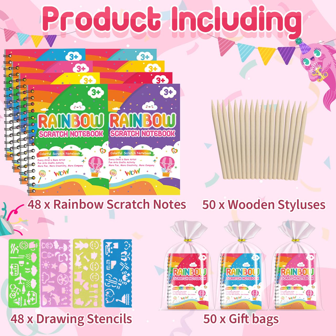 Scratch Art Bambini - Gadget Compleanno Bambini, 48 Set con Quaderno da Grattare, Stencil e Penne in Legno, Regalini Fine Festa Compleanno, Lavoretti Creativi per 3-12 Anni