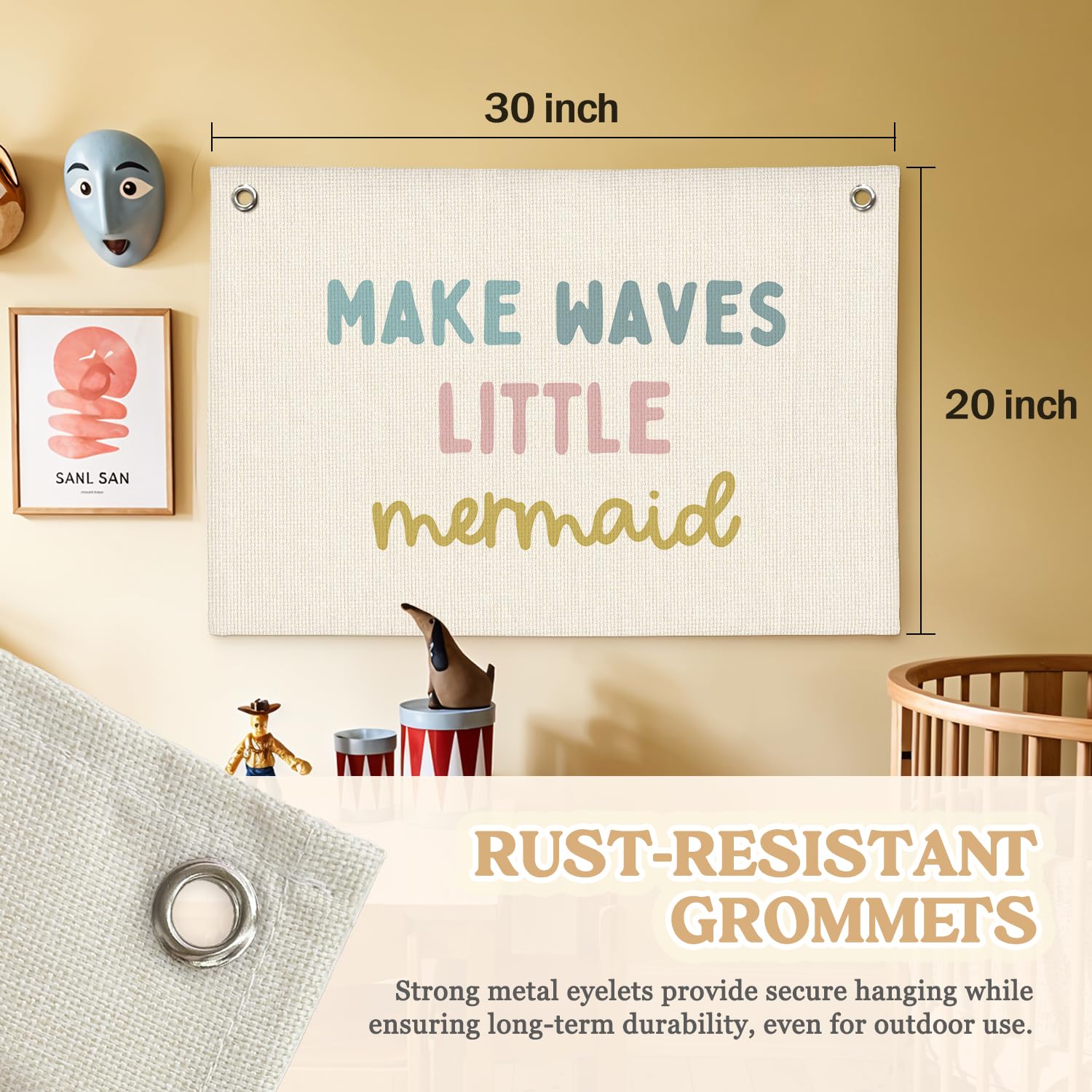 MOFUYU Kids Wall Decor Canvas Banner,Make Waves Little Mermaid – Little Girl Hanging Banner Ocean Theme Wall Hanging for Kids Room, Nursery and Playroom Girls Bedroom 30x20 Inch