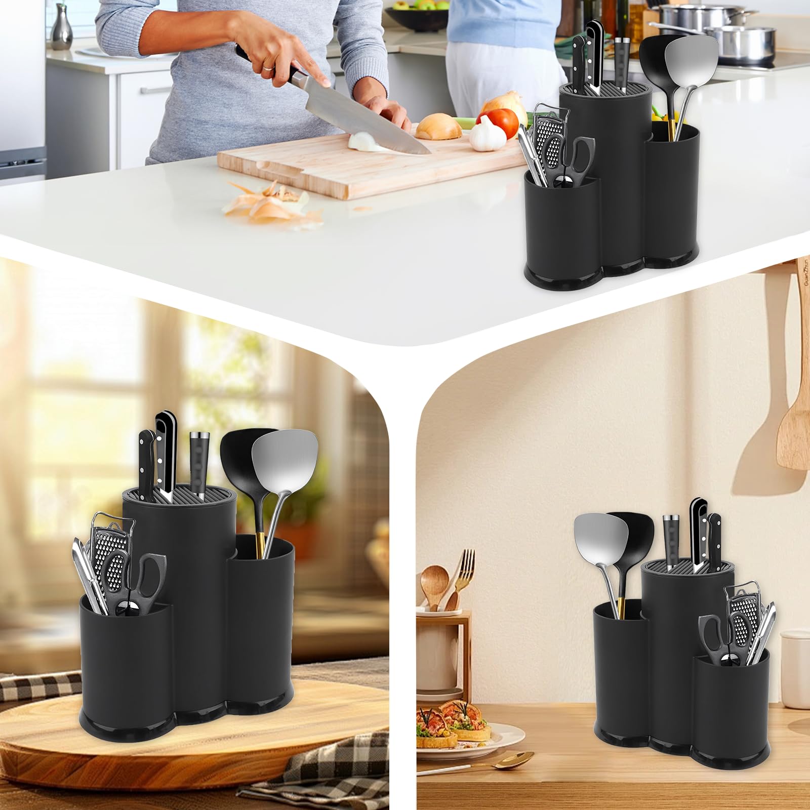 3 in 1 Ceppo Coltelli da Cucina, Ferroso Ceppo Coltelli Vuoto, Nero Porta Coltelli Cucina, Ceppo Portacoltelli da Cucina Con Foro Scarico e Slot Porta, Blocco Porta Coltelli Tondo per Cucina