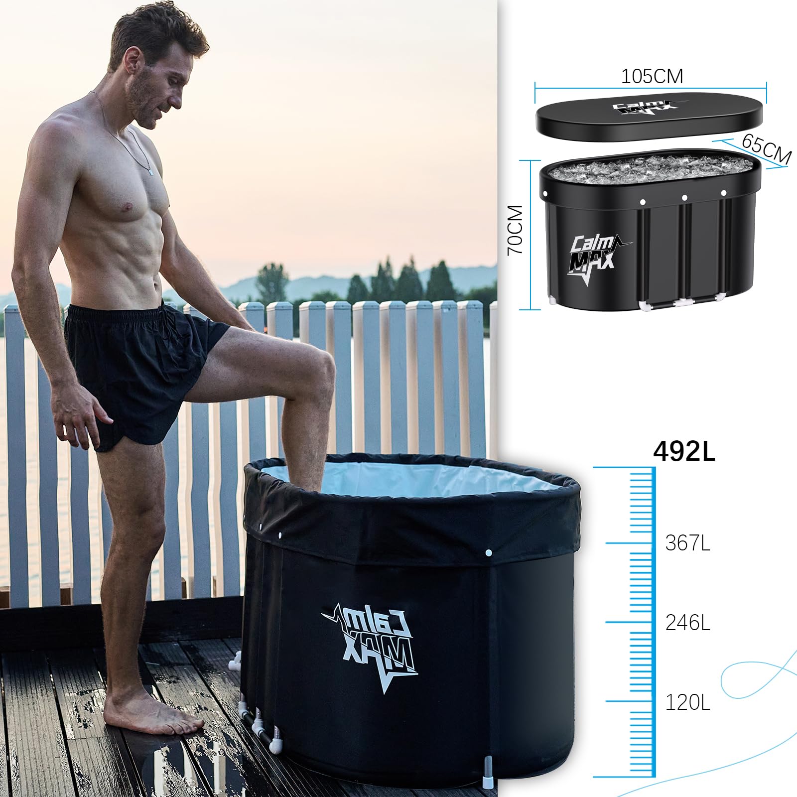 CalmMax Ovales Eisbad XL mit Abdeckung - Faltbare Badewanne Erwachsene, Isolierte Eistonne für Innen und Außenbereich, Kältetherapie für Athleten, Ice Bath/Cold Plunge für Zuhause