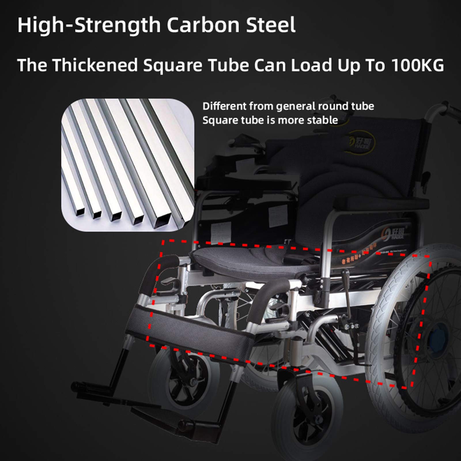 Silla de ruedas eléctrica portátil, plegable, todo terreno, 500 W, motor dual, capacidad de 100 kg, control de palanca de mando de 360° para adultos