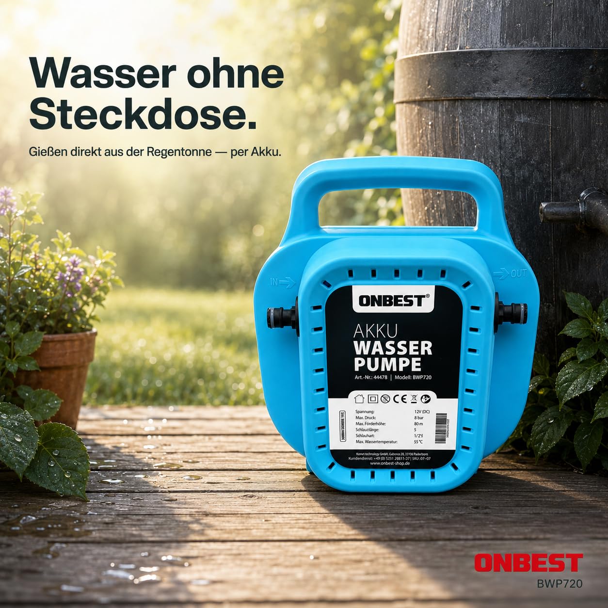 ONBEST Akku Wasserpumpe Komplettset: Schlauch, Brause, Filter & Ladegerät | 10 m Schlauch, 8000 mAh Akku, selbstansaugend, 8 bar – Regentonne