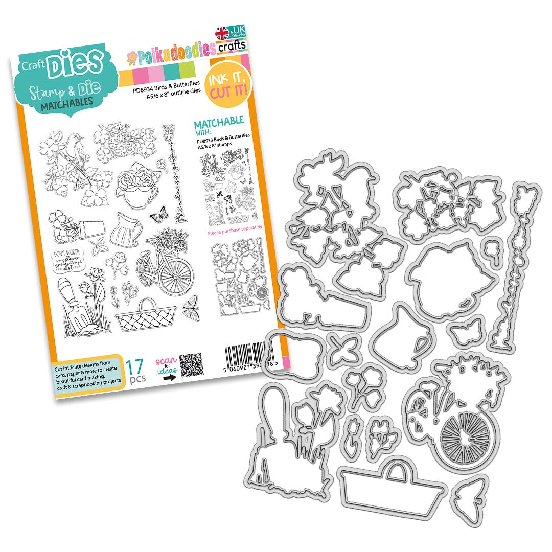 Polkadoodles Birds and Butterflies Outline Dies for Card Making, Craft, Scrapbooking, Mixed Media, PD8934