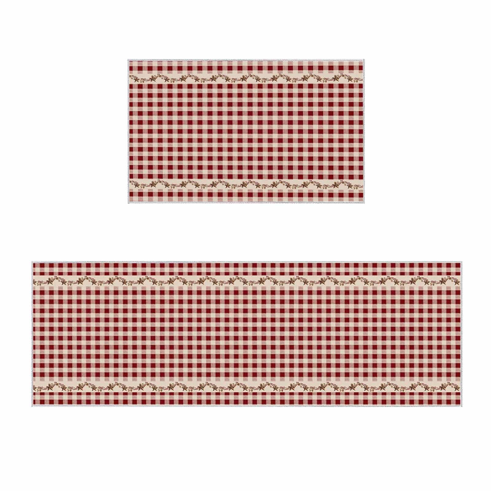 Kitchen Rug Sets of 2 - Absorbent Non-Slip Kitchen Mats Vintage Western Texas Star Primitive Berries Red Buffalo Plaid Floor Comfort Mats Doormat for