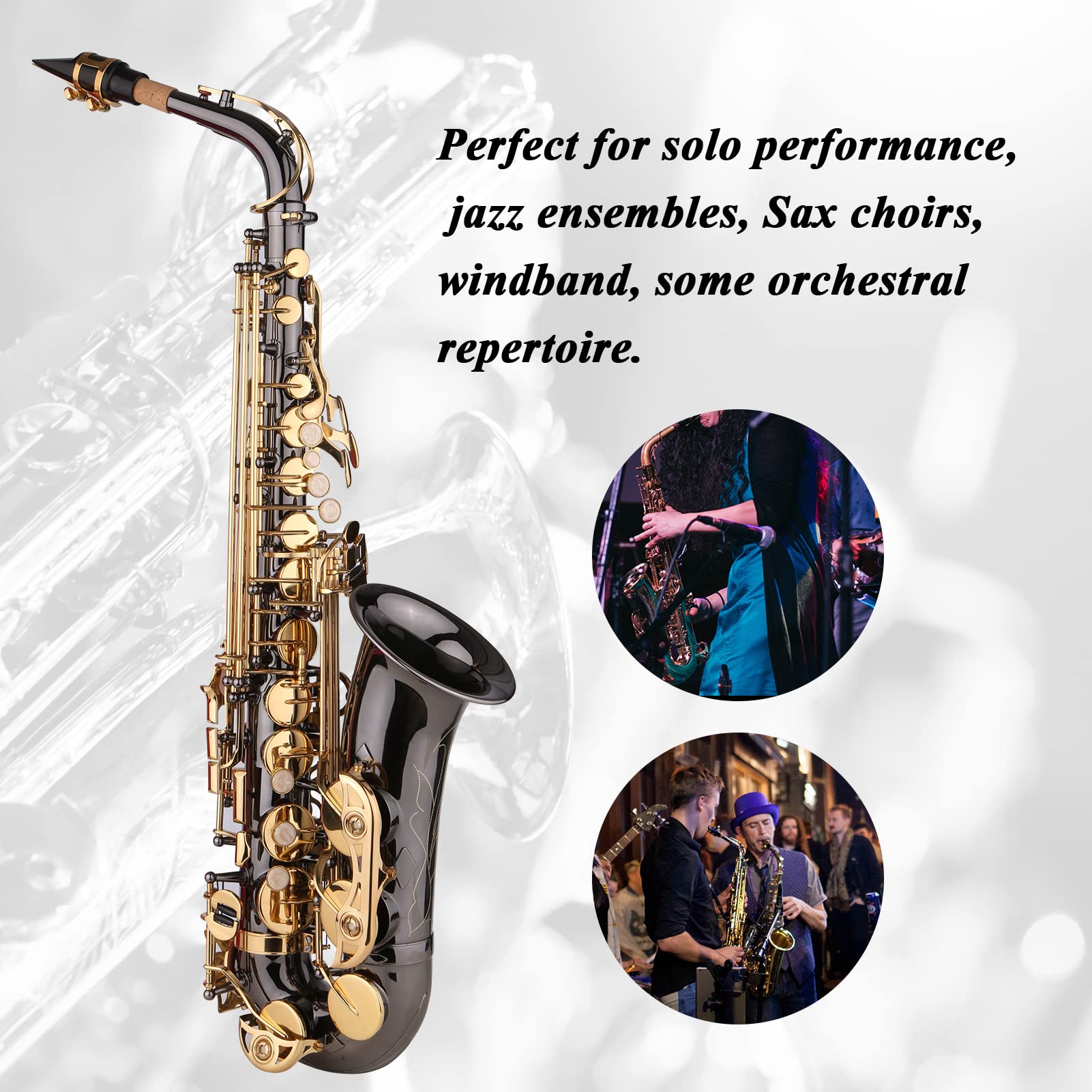 Przyciski muszli, instrumenty muzyczne, saksofon Korpus z mosiądzu niklowanego z grawerowanymi klawiszami z masy perłowej Instrument dęty drewniany z futerałem Ściereczka do polerowania Szczotka Paski