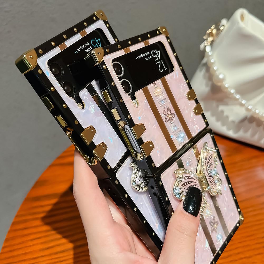 HALATUA Cute Compatible with Samsung Galaxy Z Flip 3/Z Flip 4 Case, Luxury Bling Butterfly Foldable Stand Kickstand for Women & Girls, Flexible Shockproof Protective Case for Z Flip 3/4 6.7