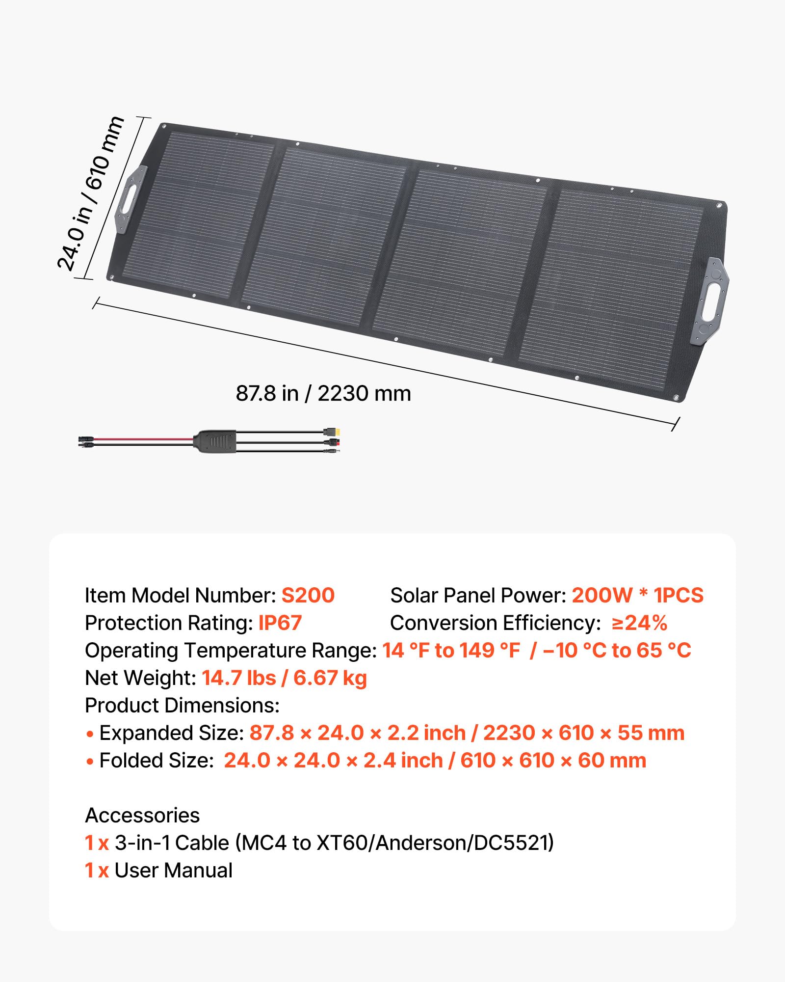 VEVOR Placa Solar Plegable 200 W, Panel Solar Monocristalino Portátil, Alta Eficiencia 24%, con Puertos USB MC4 DC, Impermeable IP67, Cargador para Viajes Acampadas Autocaravanas Estaciones de Energía