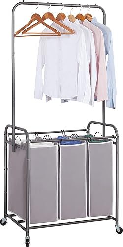 STORAGE MANIAC Clasificador de ropa sucia de 136 litros con barra para colgar, portátil, carrito extraíble con ruedas resistentes y bolsas
