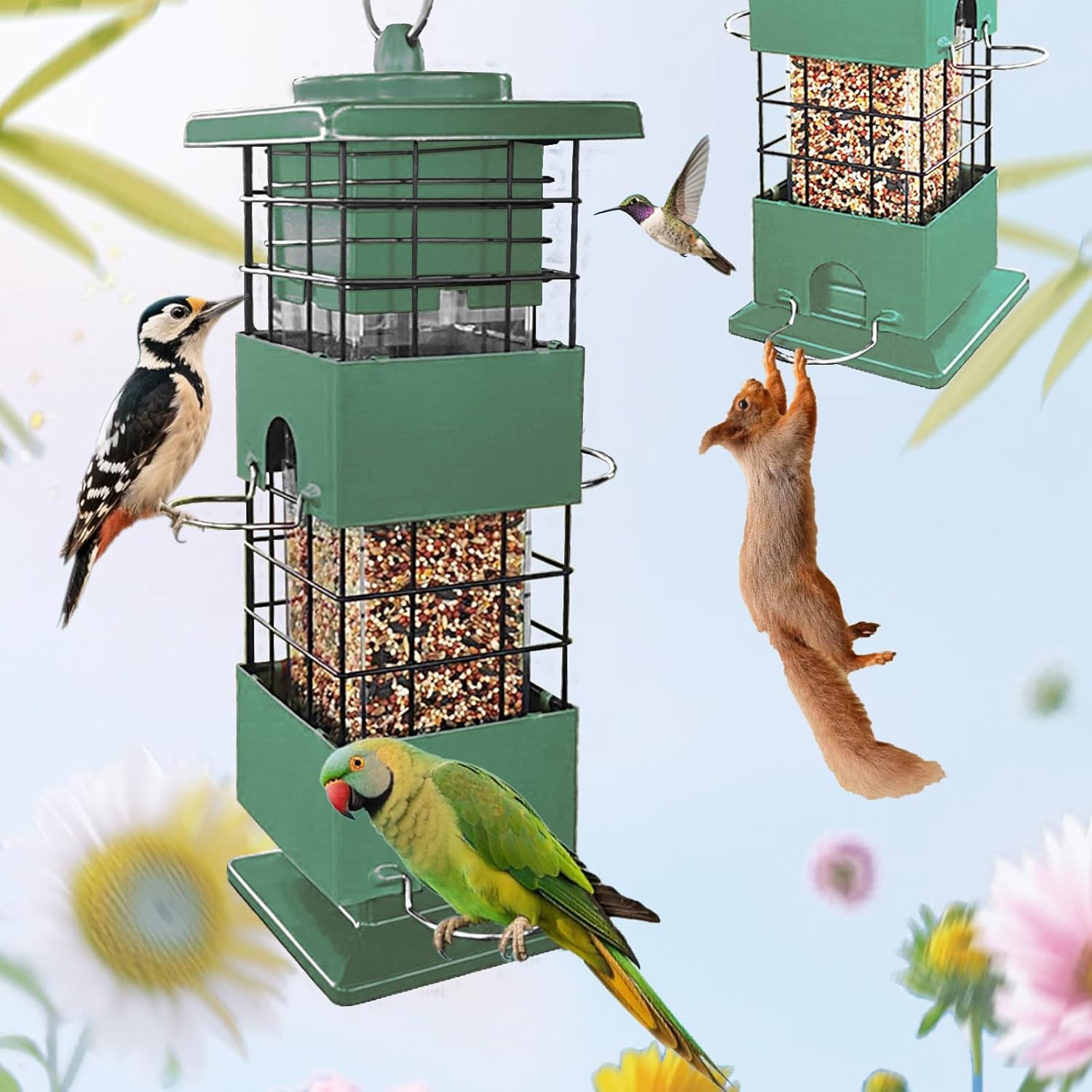 Squirrel Proof Bird Feeder, 3Lbs Bird Feeders for Outdoors Hanging, Metal Birds Feeder with 4 Feeding Ports, Wild Birds Feeder for Cardinal, Finch, Sparrow (Green)
