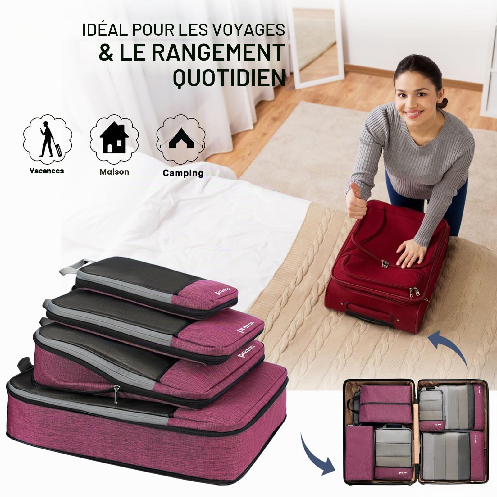 Lot de 4 cubes de rangement compressibles, organisateurs extensibles pour valise, parfaits pour le voyage et le rangement à la maison, Mesh TPU, Rose