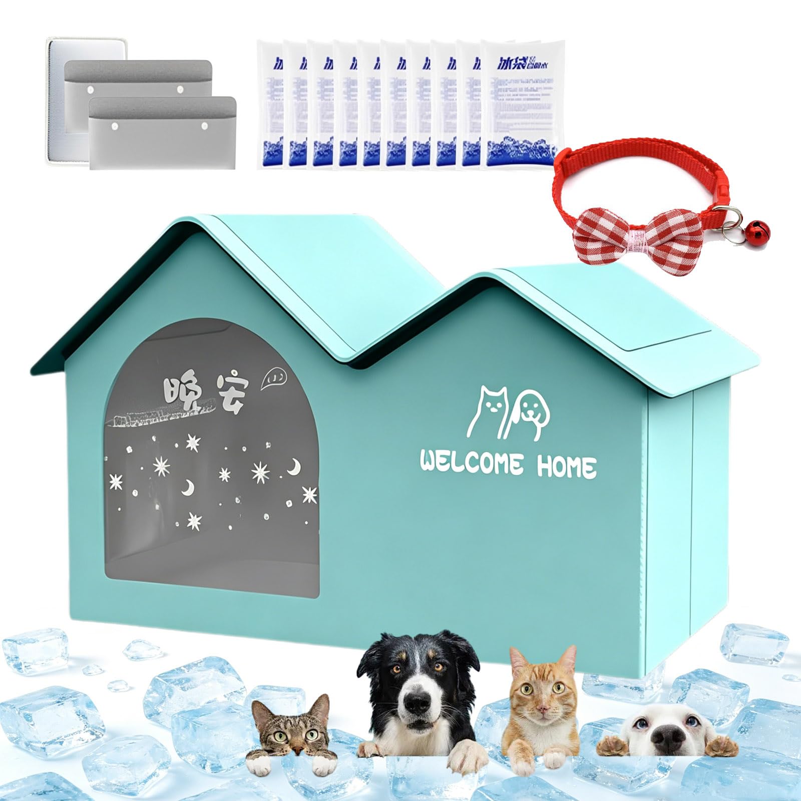 Pet Cooling House for Cats and Small Dogs Outdoor Cat House with Removable Pad & Ice Packs Foldable Air Conditioned Cat Cooling Bed Shelter (Green L-60 * 38 * 42cm)