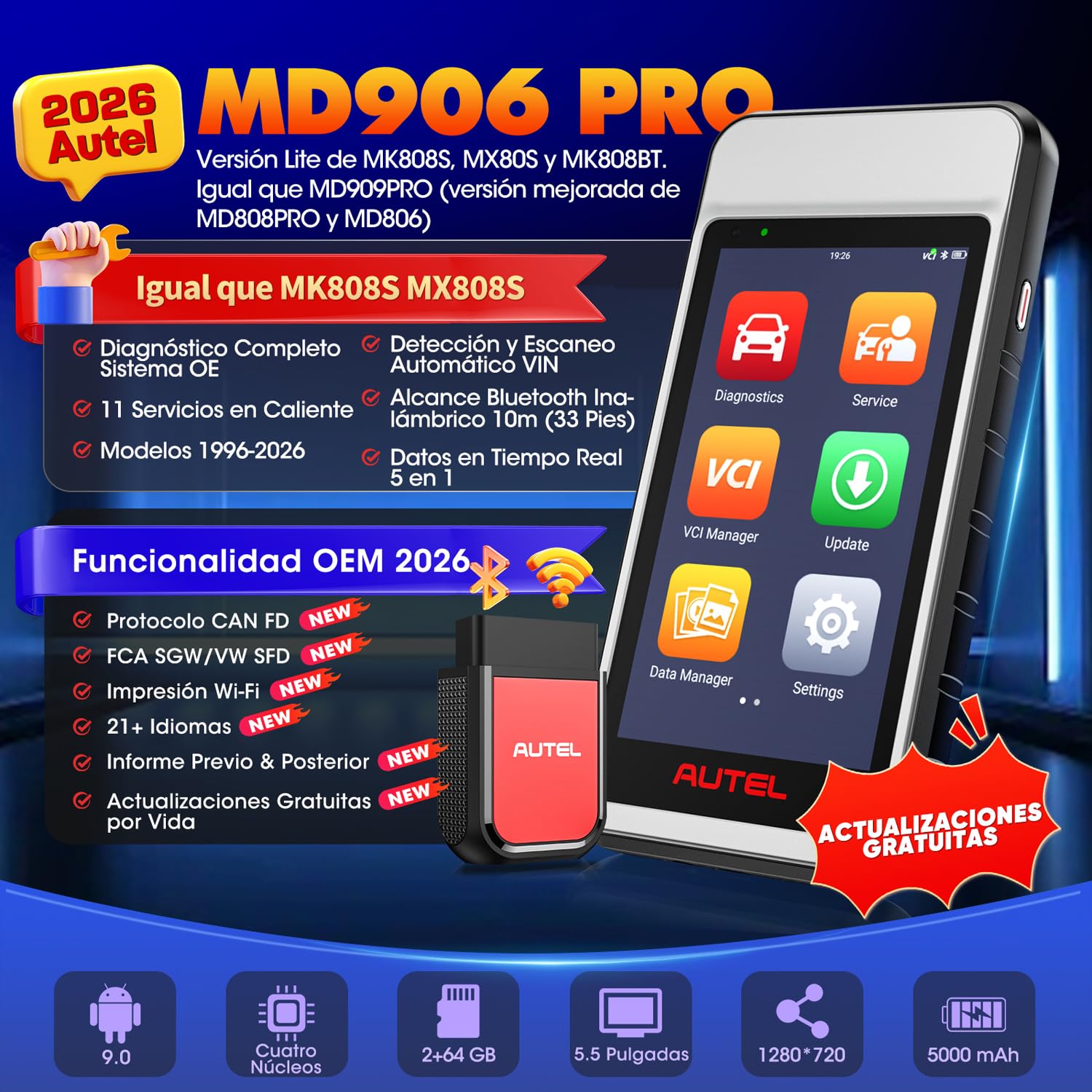 Autel MaxiDIAG MD906 Pro Diagnosis Coche Multimarca, 11 Servicios, Can FD | Sin Suscripción, Escáner para Coches MD906PRO 2026, Bluetooth Lite de MK808S MX808S Maquina Diagnosis Multimarca