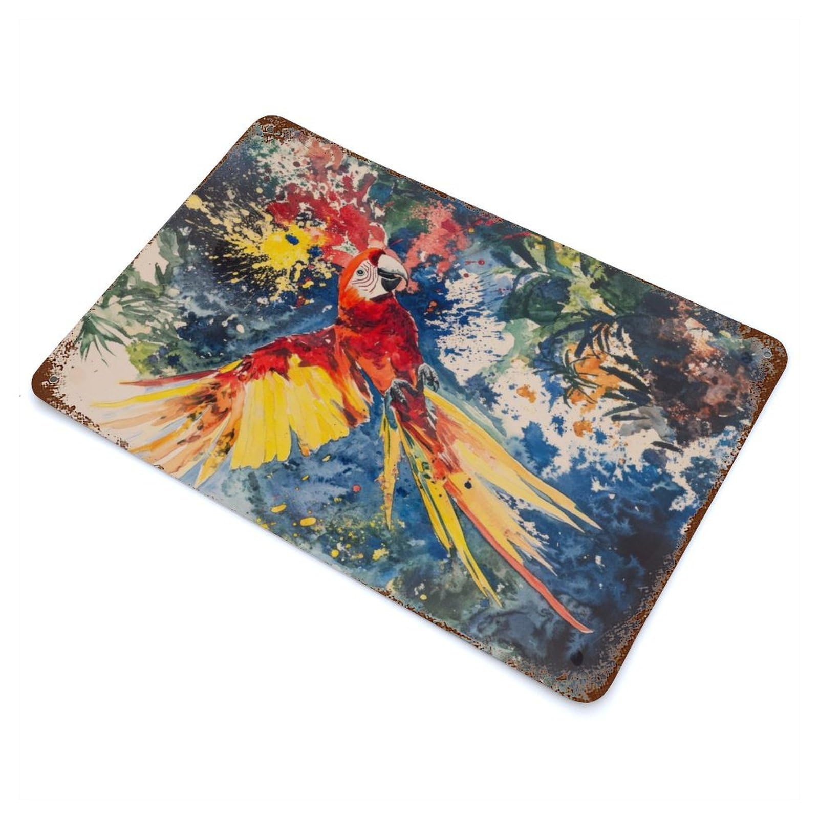 Scarlet Macaw Watercolor Rusty Metal Tin Sign 11.8"x7.9", for Basement, Hobby Room And Garage Decor, Retro Wall Decor