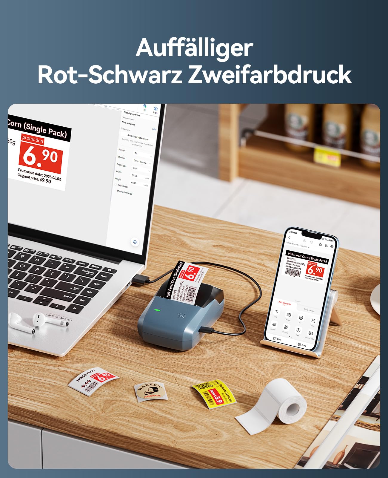 NIIMBOT Etikettendrucker, B1 Pro Etikettiergerät mit Größeres Etiketten, 300 DPI HD Etikettiergerät, Fotodrucker für Fotos, Logo, Wörter, für Zuhause, Büro oder Geschäft, 3 Rollen Etiketten