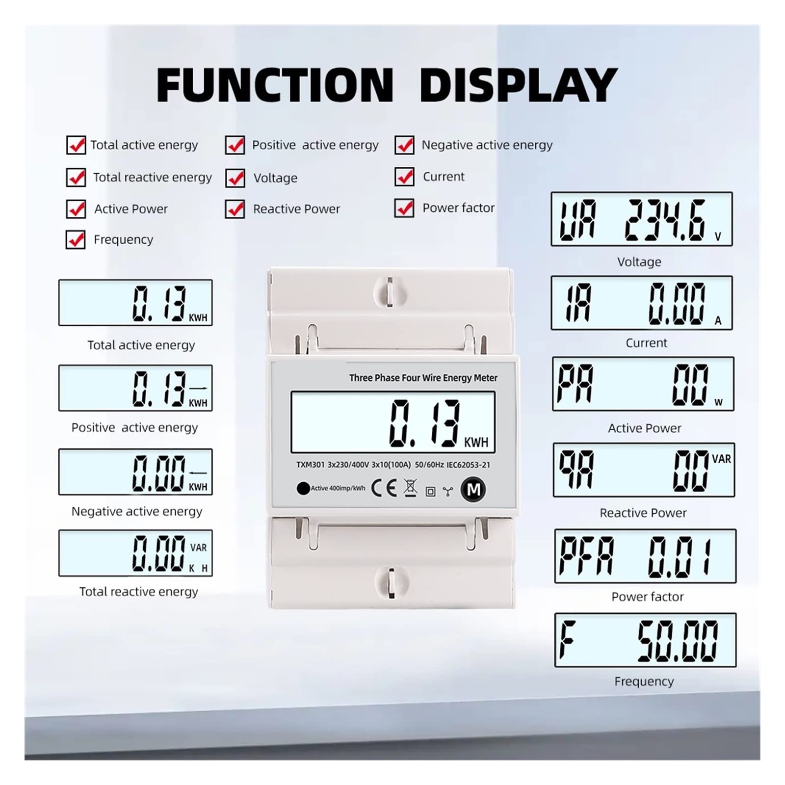 Medidor De Consumo Electrico, Multifunción 380V 3 Fases 4 Cables vatímetro Potencia bidireccional medidor de energía KWH Voltaje Corriente 100A AC 50Hz 60Hz Solar PV, Fácil de Instalar