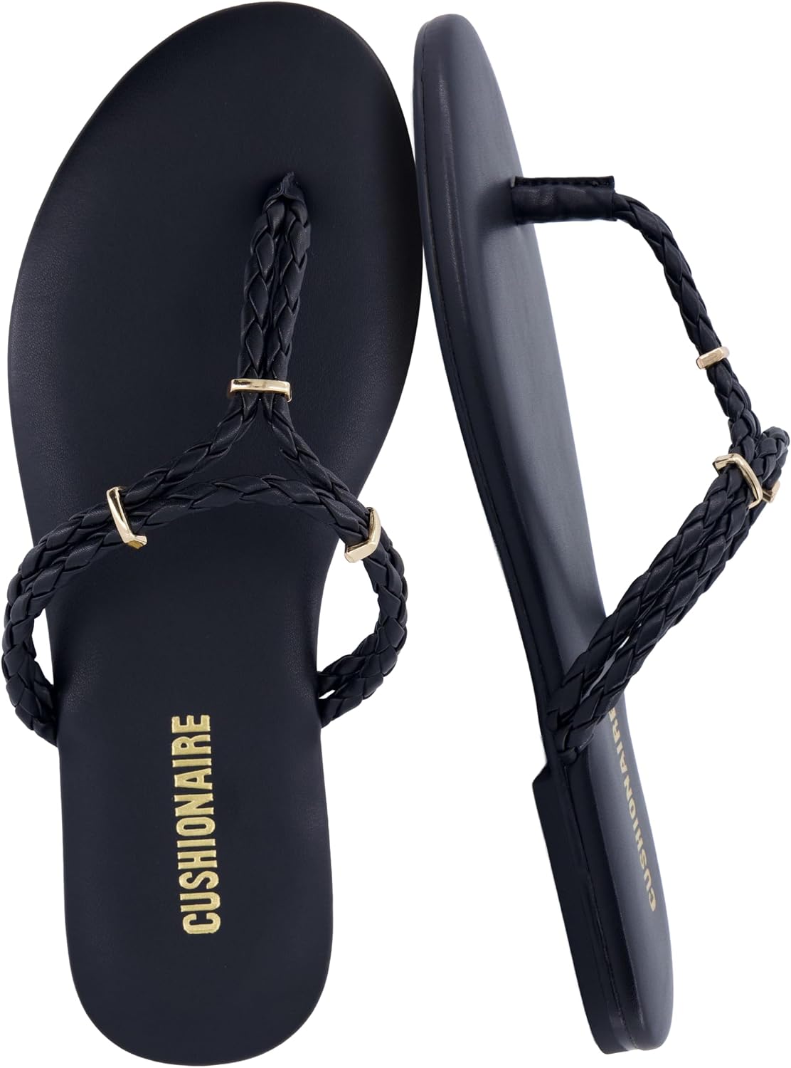 CUSHIONAIRE Trio Flip Flops for Women, Comfortable Beach Sandals with Braided Thong Strap, Memory Foam Footbed and Metallic Ring Accents