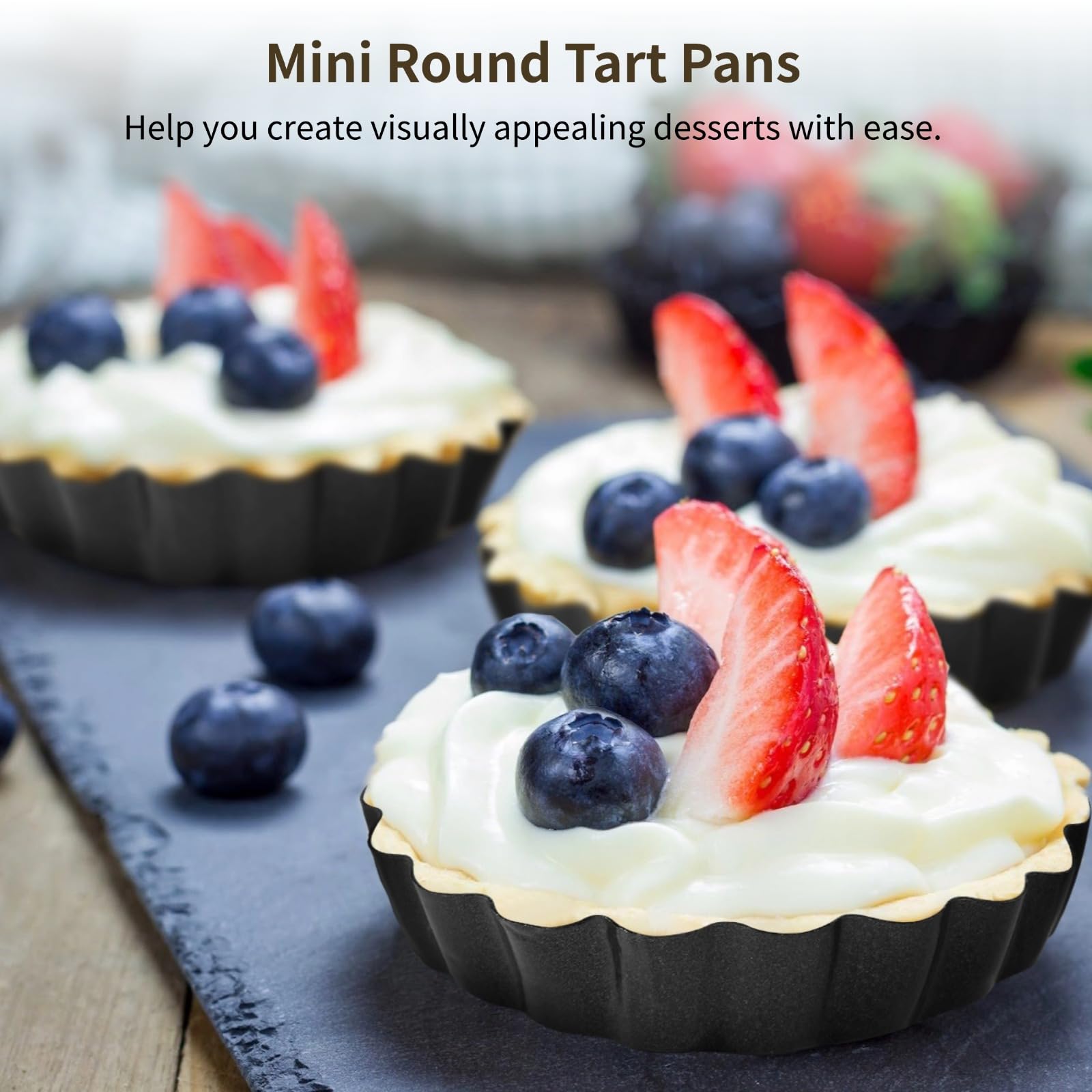 Lot de 16 mini moules à tartelettes ronds en acier au carbone de 10 cm avec fond amovible, moules cannelés antiadhésifs pour quiche, tarte, mousse et pizza desserts