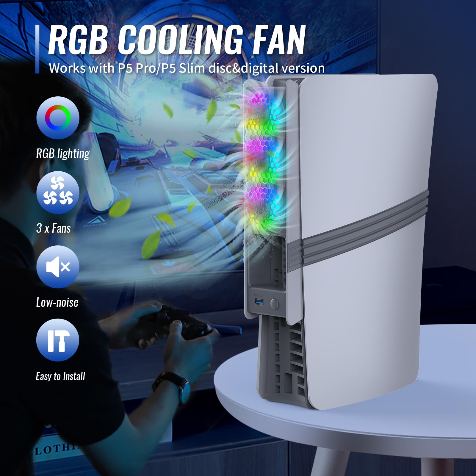 Ventilador de refrigeración para PS5 Pro/PS5 Slim, Consola Ventilador externo,Ventiladores de refrigeración silenciosos con iluminación RGB para PS5 Pro/PS5 Slim edición digital y disco (negro)