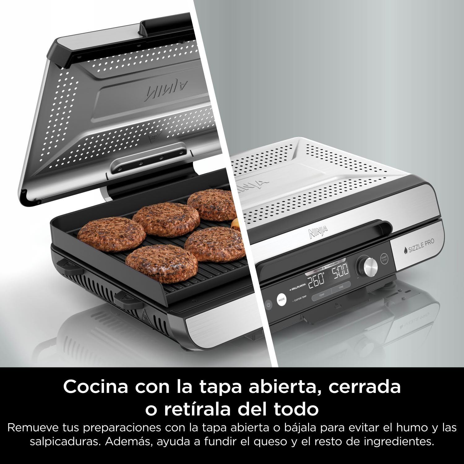 Ninja Sizzle Pro XL, Parrilla y Plancha para Interior, GX101EU | Con Placa de Parrilla y Plancha Cerámicas Antiadherentes, Tapa Desmontable, Recogegrasas y Guía de Recetas, Plateado/negro