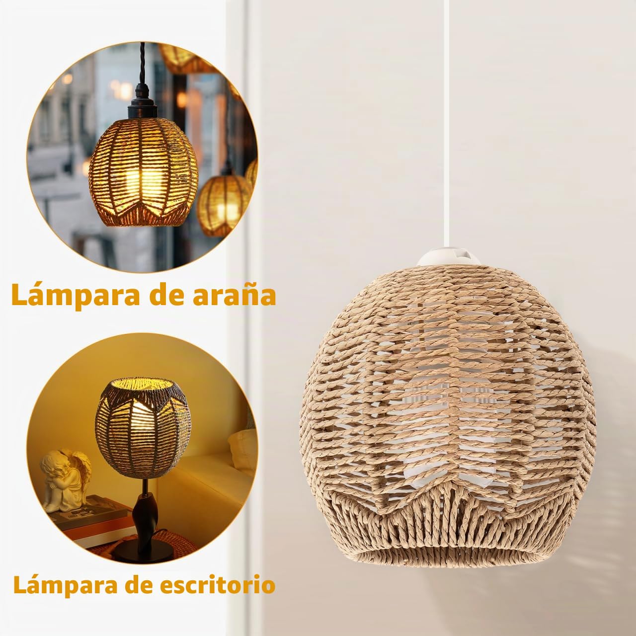 Angoily Pantalla Lampara RatáN Juego De 3 Pantallas De LáMpara Tejidas a Mano De RatáN Retro Cubierta De Araña Para LáMparas Colgantes De Interior Estilo Moderno Para Sala Y Comedor Techo Mesa Y Pie
