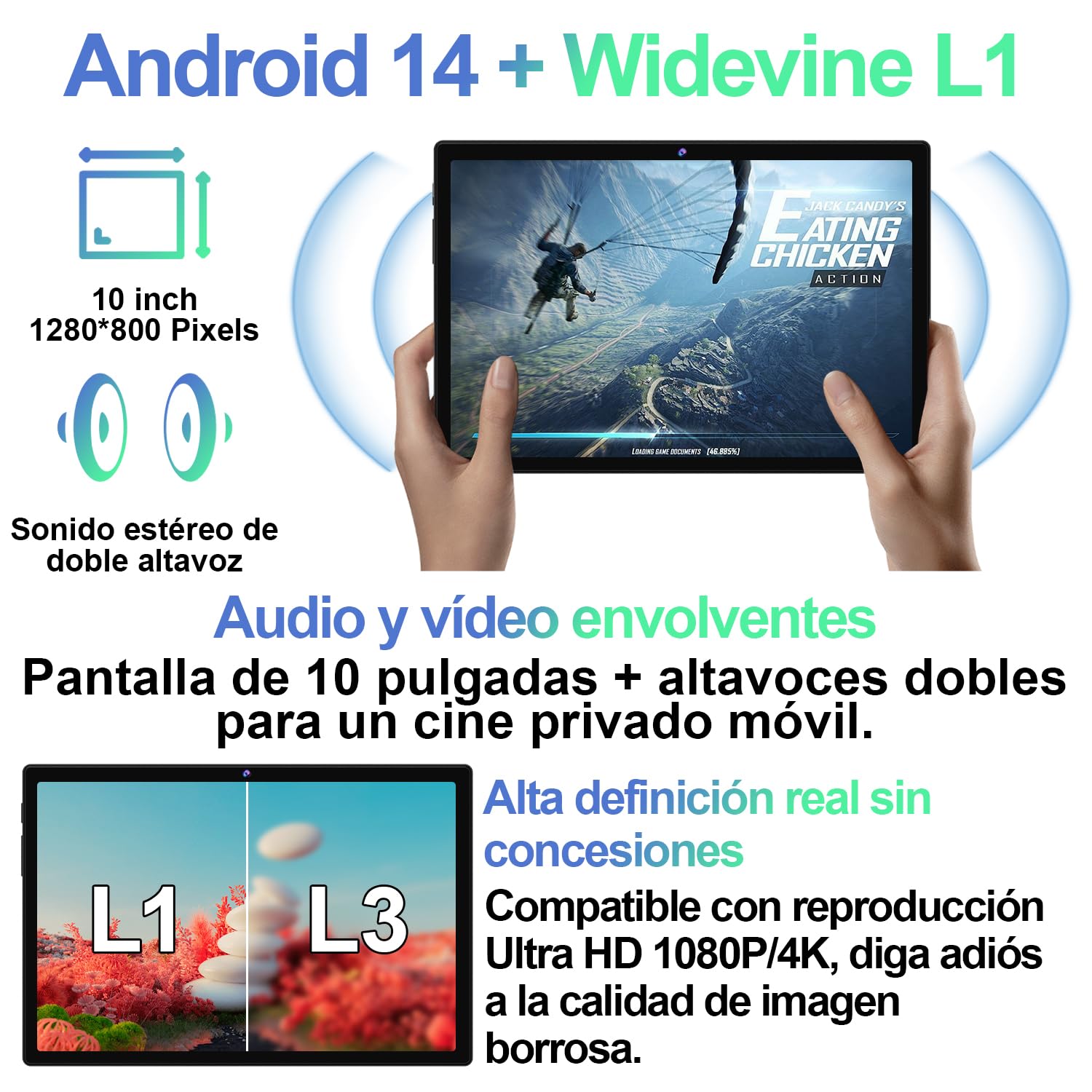 Tablet 10 Pulgadas Android, 22GB RAM+128GB ROM (TF 1TB), 8000mAh, Octa-Core 2.0 GHz, 5G+2.4G Dual Band WiFi 6, Widevine L1, GPS, Face ID, GMS, 5MP+8MP, BT5.0, Tablet con Teclado y Ratón - Negro