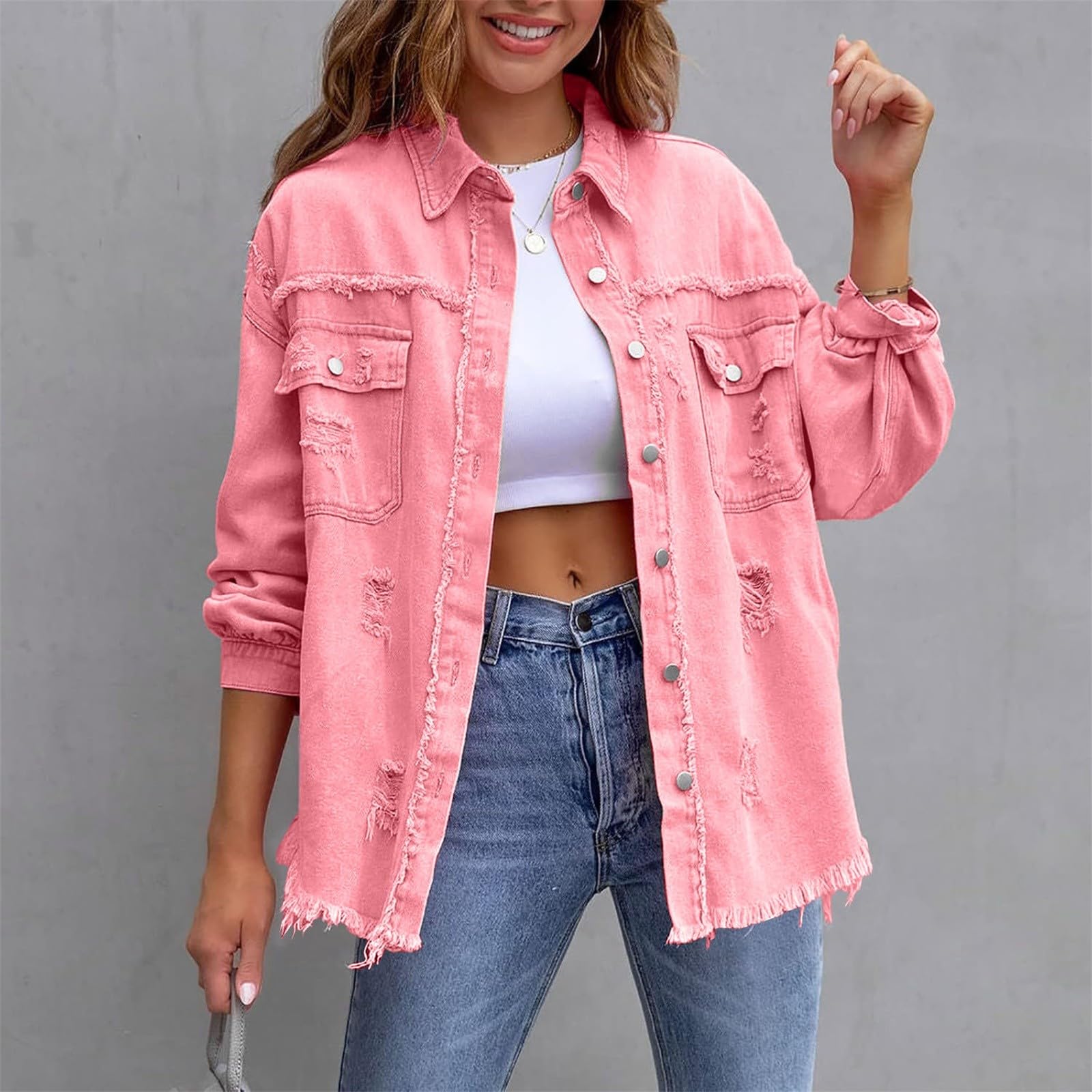 Generisch Chaqueta vaquera para mujer, de gran tamaño, manga larga, acanalada, camisa vaquera, chaqueta de entretiempo, abrigo vaquero acanalado, chaquetas de mezclilla con botones, cuello hacia abajo