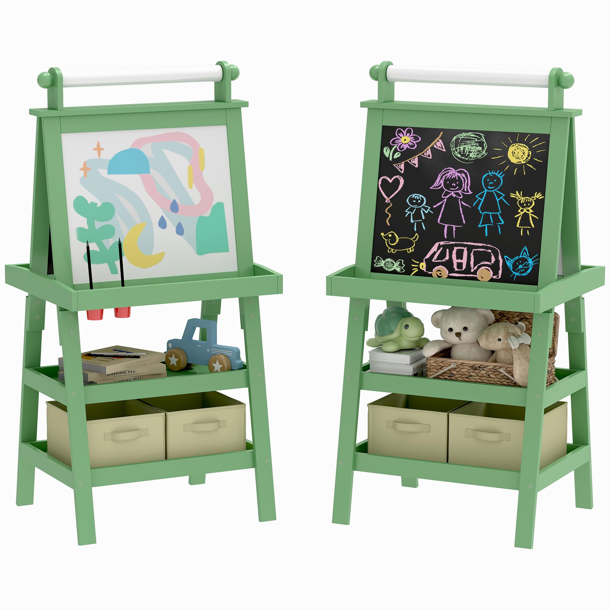 AIYAPLAY Lavagna cavalletto per bambini 3 in 1 lavagna double face bambino con pannello bianco e nero magnetico - rotolo di carta + 2 cestini portaoggetti integrati - 3-6 anni in legno verde