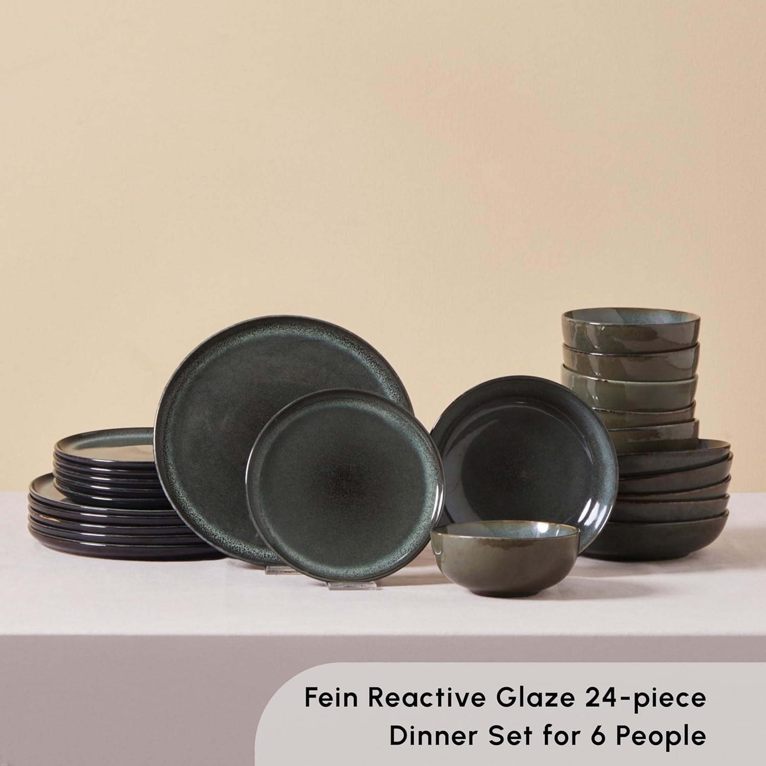 Karaca Fein 24 Piece Reactive Glaze Dinner Set for 6 People, Modern Design with Unique Handcrafted Patterns, Durable Kitchen Plates and Bowls Sets, Stoneware Dinnerware & Dishwasher Safe