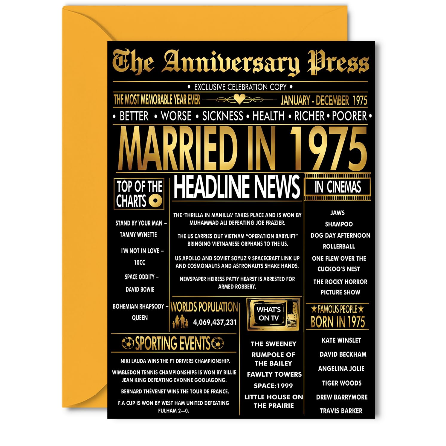 Gold 51st Anniversary Card for Women Men - Golden Newspaper Married in 1975-51 Year Wedding Anniversary Card for Husband Partner Wife Companion, 5x7 Inch Anniversaries Greeting Cards
