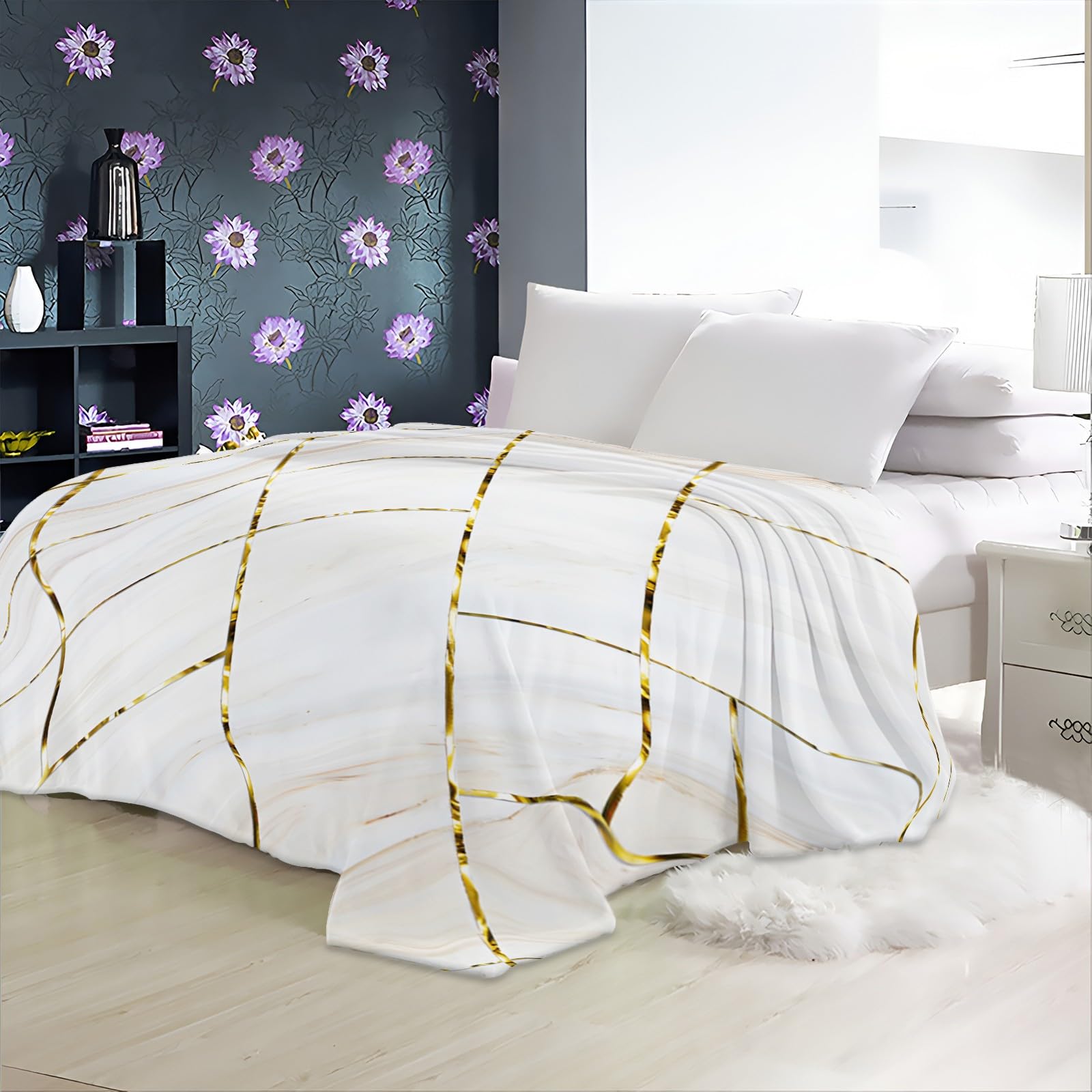 Coperta Plaid in Flanella di Pile Trama di marmo 150x200 cm Super Morbida e Calda Coperta in Microfibra Letto Matrimoniale Singolo, Coperte per Bambina Bambino Regalo - Bianco
