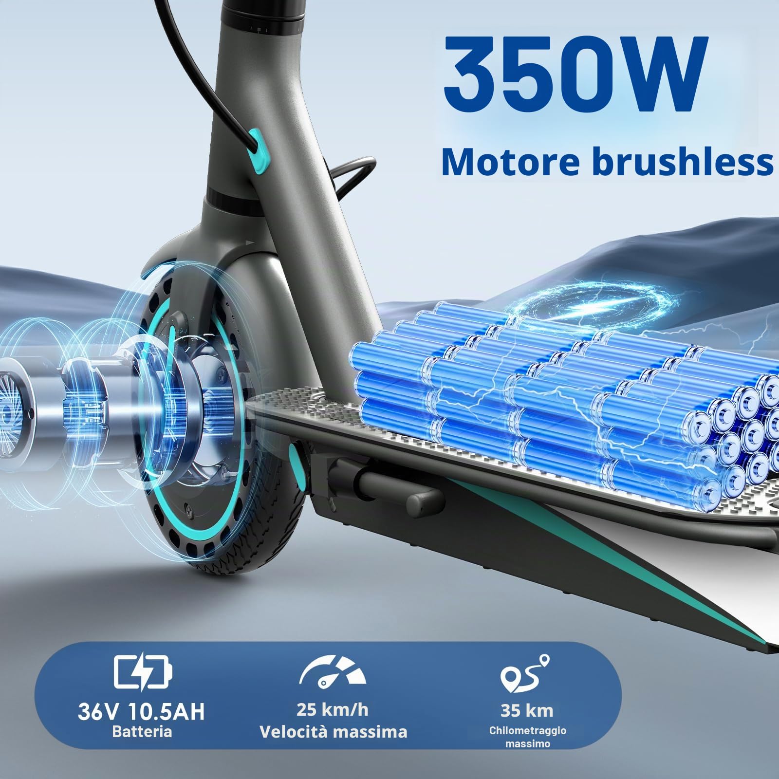 Monopattino Elettrico per Adulti, Pneumatici 10", Motore Potente 350W, Autonomia fino a 36 km, Velocità Massima 25 km/h, Doppio Sistema di Illuminazione e Freni a Tamburo, Controllo via App Smart
