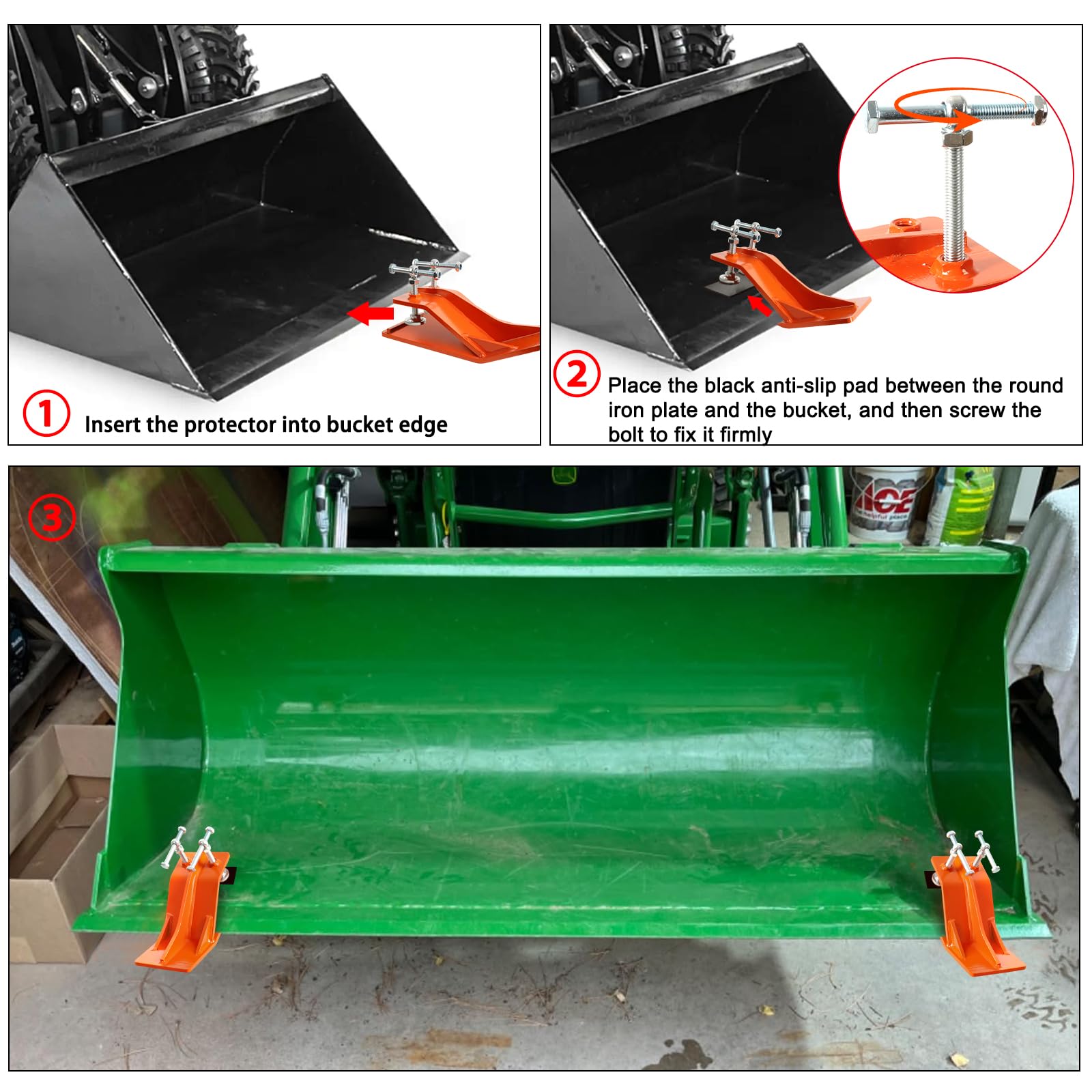 Traktor-Eimer-Schutz, 12,7 cm breit, Eimerkante, rutschfest, zum Entfernen von Schnee, Blättern, Kies, mit rutschfester Stahlplatte, Orange, 2 Stück