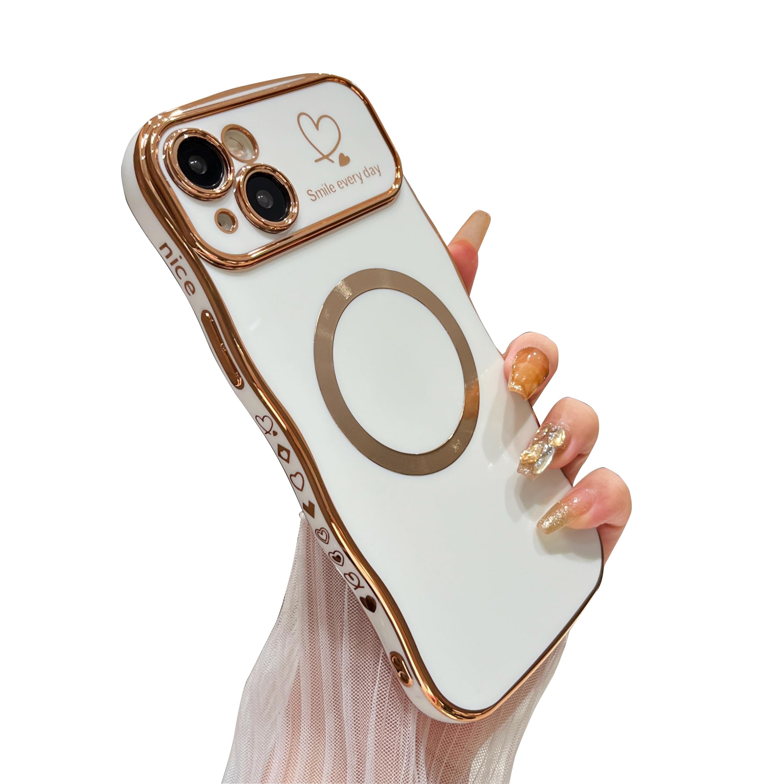 DEFBSC Magnetic for iPhone 14 Case [Full Camera Protection][Fit for Magsafe] Cute Curly Wave Frame Love Heart Case, Plating Soft Durable TPU