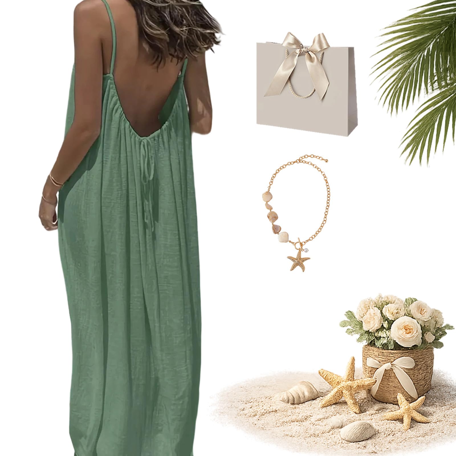 Liocwocne Women's Light-Green Solid Color Backless Cami Dress, Casual Sleeveless Beach Vacation Sundress, Casual Long Flowy Sundress (,Xxl)
