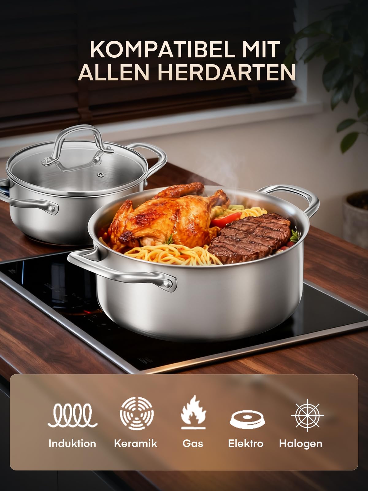 Topfset Edelstahl 3-PLY, 15-tlg Premium Induktions Töpfe Set Induktionsgeeignet für alle Herdarten, mit Dünsteinsatz & 5-Teilig exklusivem Löffelzubehör, unbeschichtet, für Camping und Wohnung