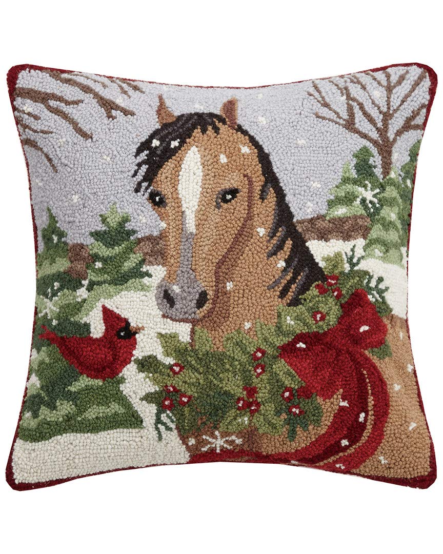 Peking HandicraftLight Brown Holiday Horse Christmas Holly - 18" Hooked Wool Pillow