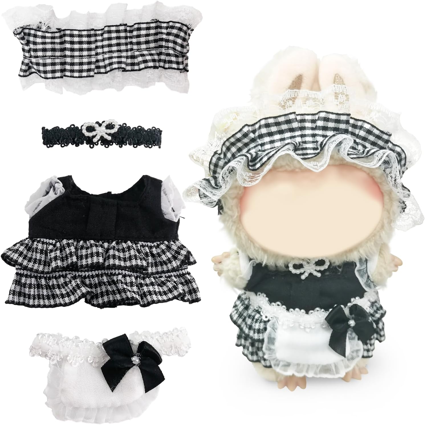 Clothes Compatible with Labubu Doll, Labubu Outfit Set - Black and White Knitted Skirt+Bow Tie Hairpin+Crossbody Bag for Labubu Dolls, Accessories Set for 17cm Labubu Doll, No Doll(Coco Night Set)