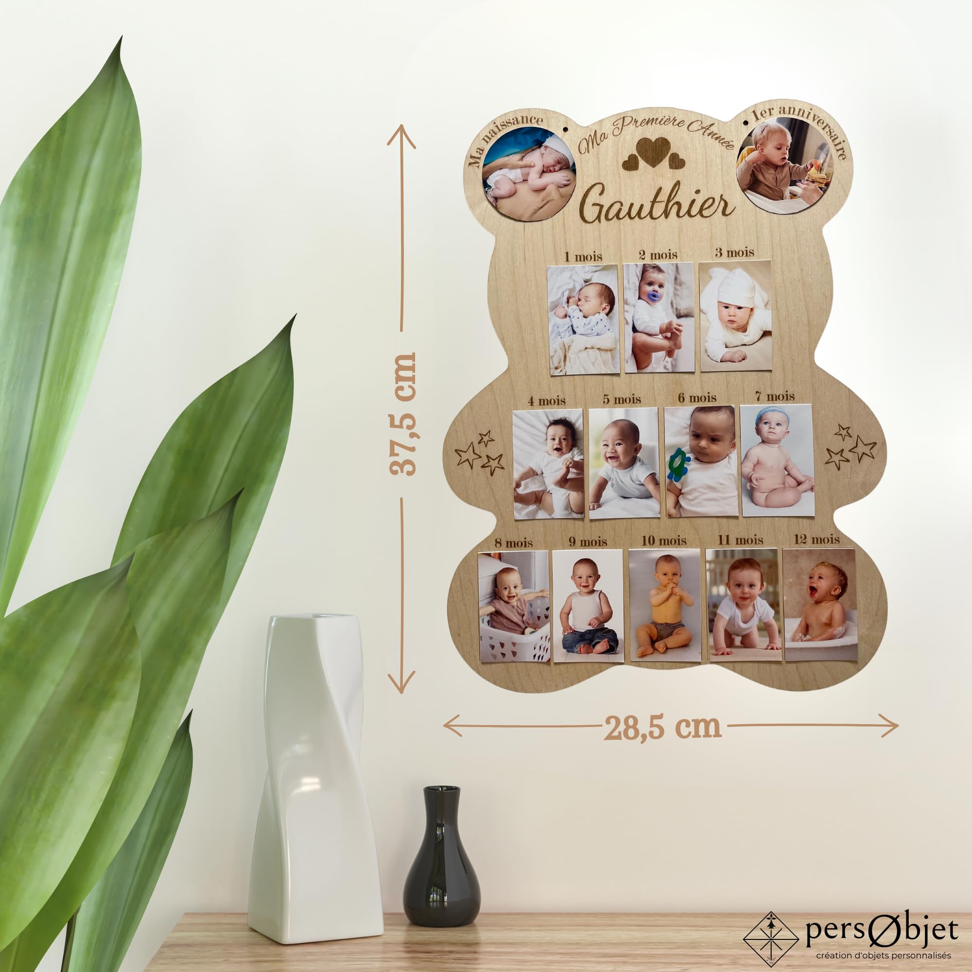 Cadre Photos Pêle-Mêle Ours en Bois Personnalisé - Souvenirs Première Année Bébé - Cadeau Naissance Baptême Décoration Chambre Enfant