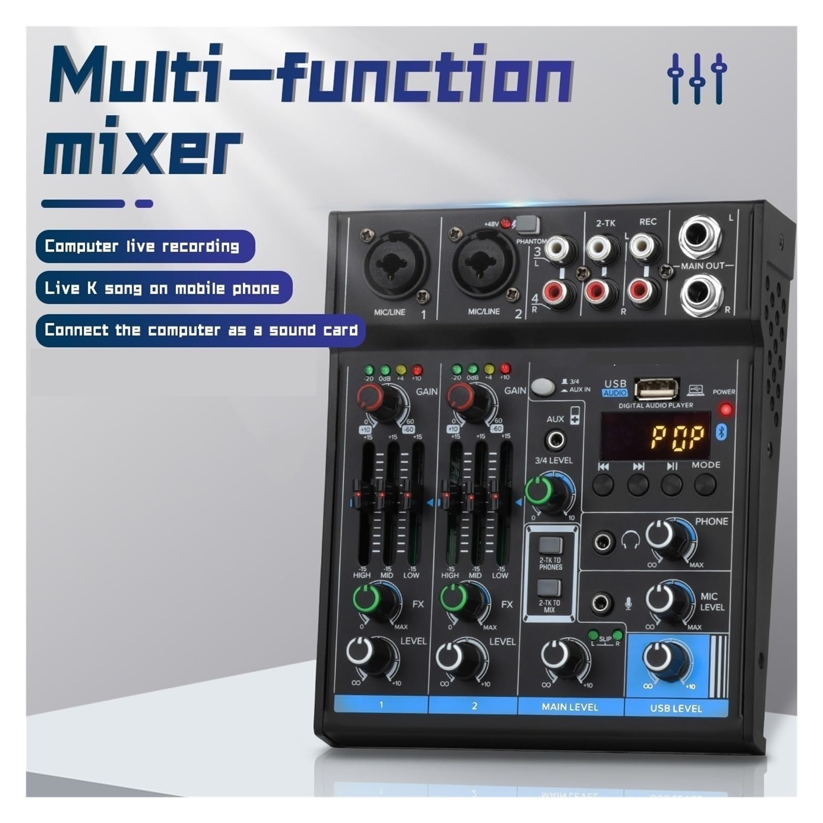 Mezclador de audio, Mini mezclador profesional de 4 canales con tarjeta sonido USB y alimentación fantasma 48 V for grabación en estudio, consola mezclas for DJ