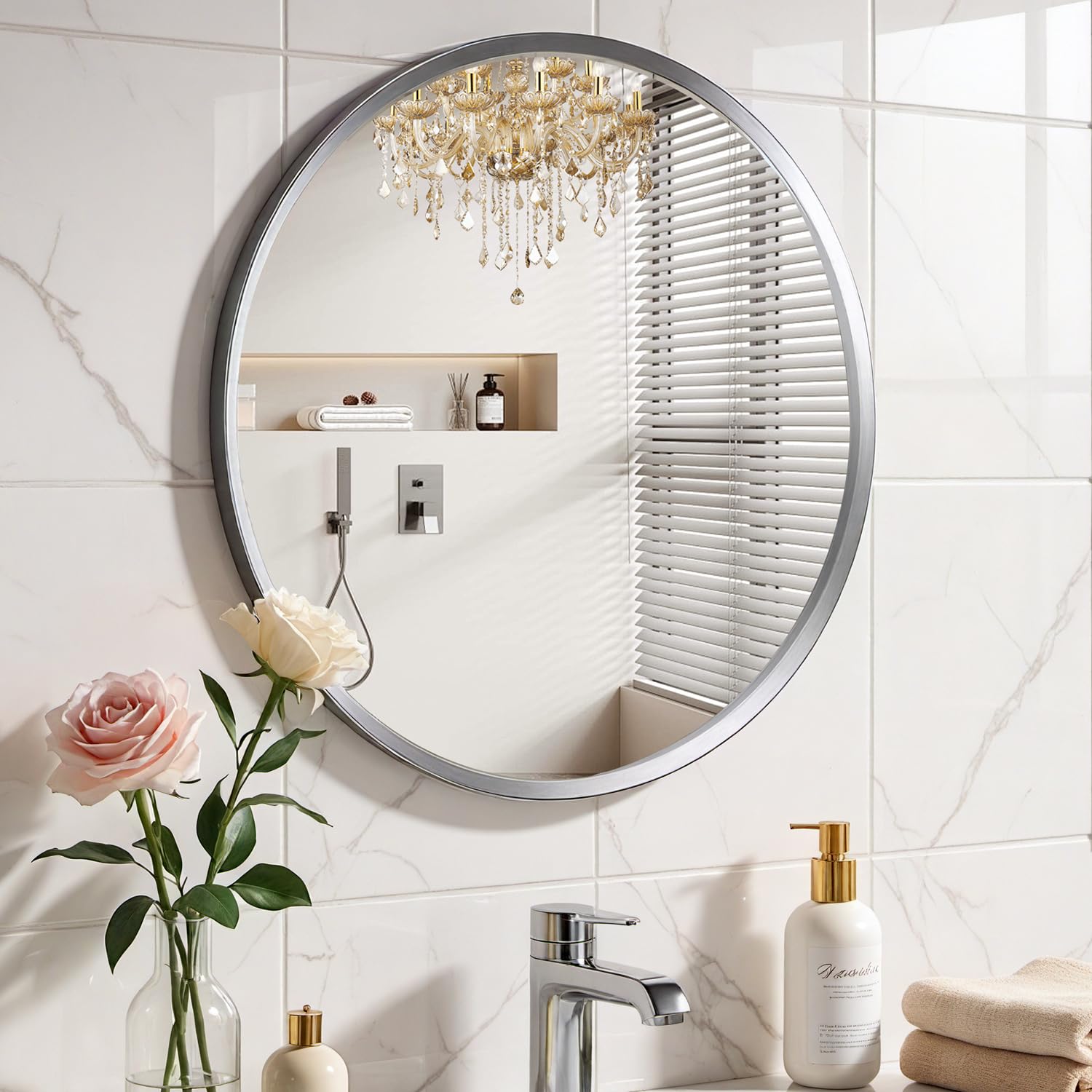 Brushed Nickel Round Bathroom Mirror for Wall, 24 inch Sliver Circle Mirror for Wall, New Frame Design, Tempered Glass,Wall Mounted Circle Mirror for Vanity, Entryway, Bedroom, Restroom