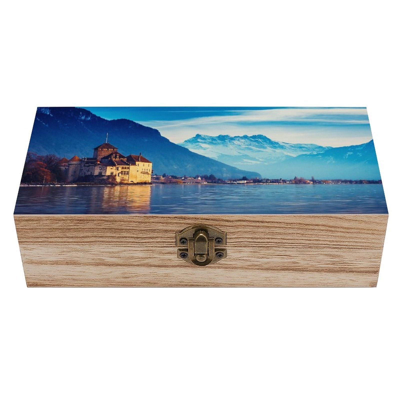 asbwuo Lake Geneva Switzerland Wood Keepsake Box Wooden Box with Hinged Lid