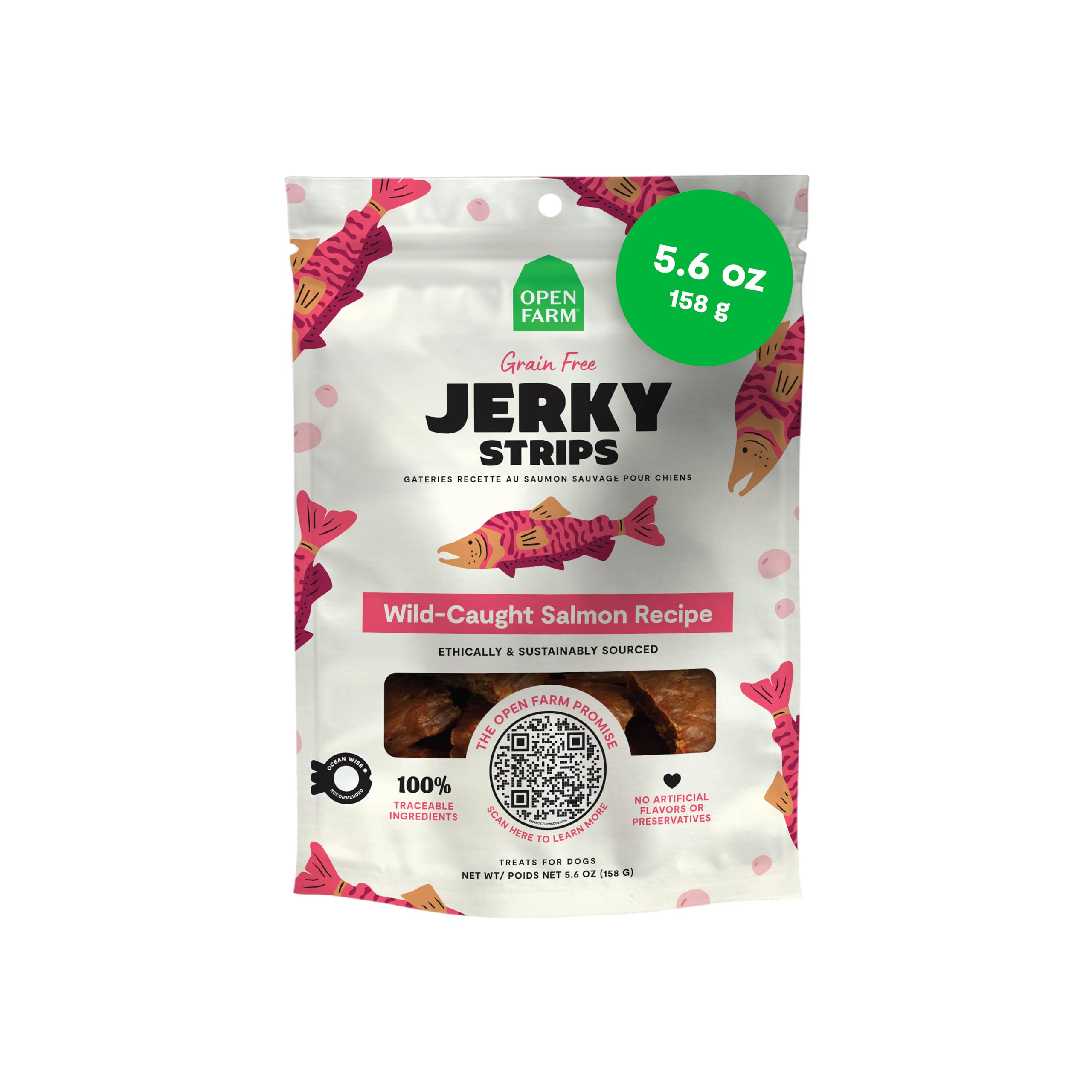 Dog Jerky Treats, Soft & Chewy Oven-Baked Jerky Strips Made with Ethically & Sustainably Sourced Ingredients, Protein Packed Dog Treats, Grain Free Wild Caught Salmon Recipe, 5.6oz Pouch