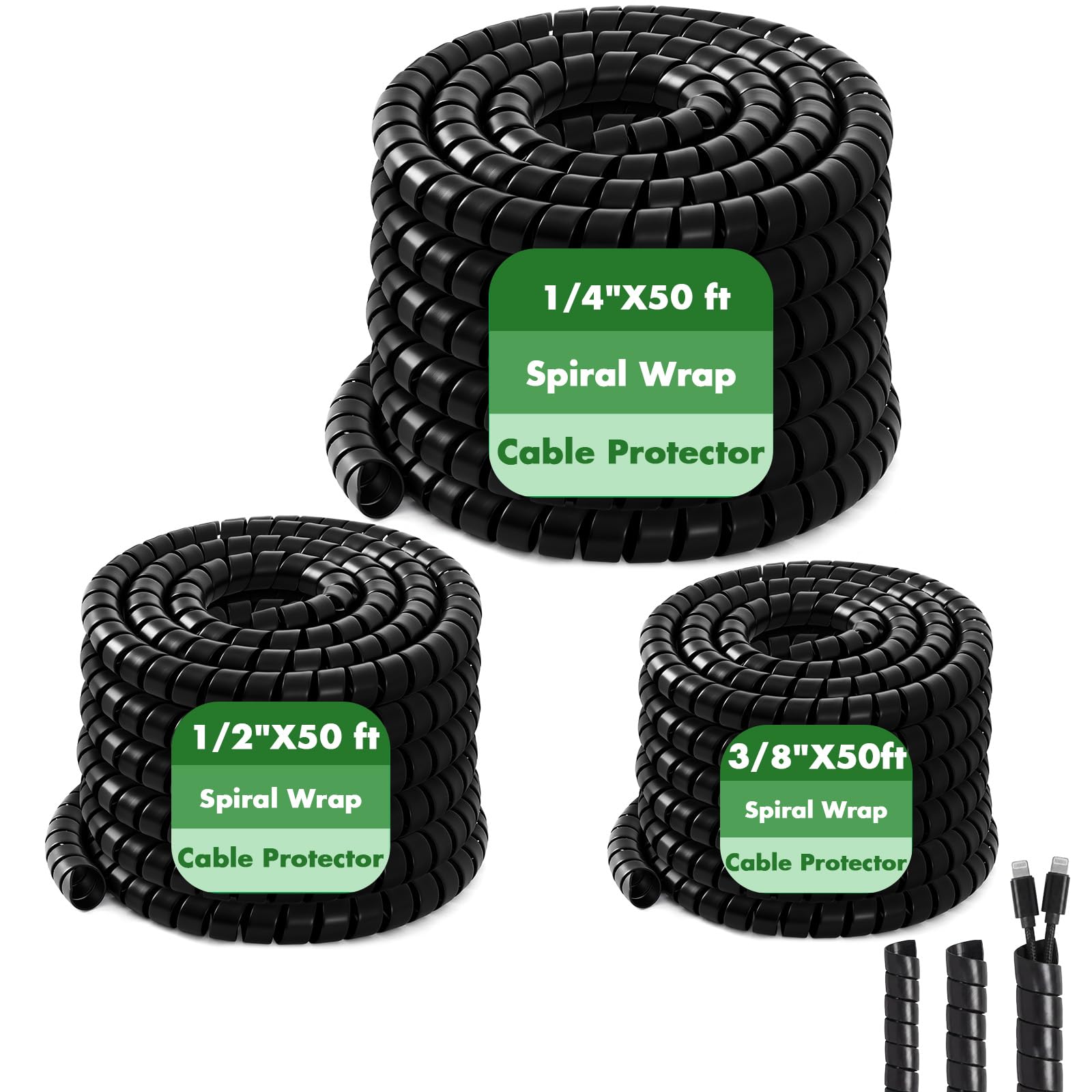 3 Pcs Spiral Wrap Cable Protector, Safe 1/4" +1/2"+3/8" Od x 50 FT Pre Cut Lengths Hydraulic Hose Protector Wrap to Avoid Wear and Extend Life for Hydraulic Pneumatic Hoses (Black)