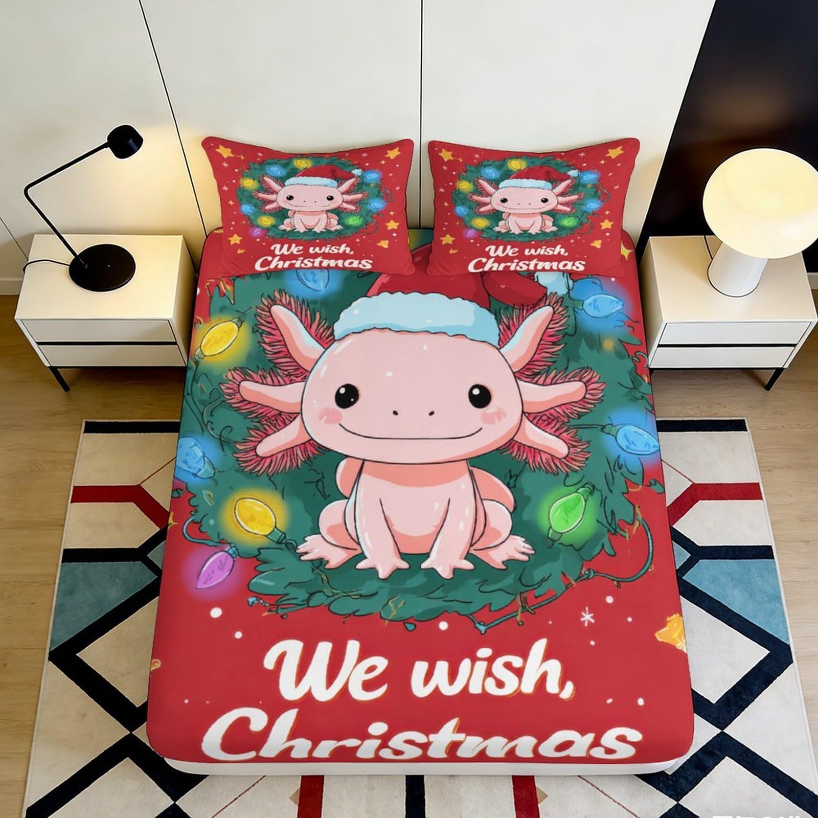 Uxinyoume Style-4 3D Printed Christmas Axolotl Fitted Sheet Microfiber Red Cartoon Mattress Cover For Bedroom Dorm Decor Easy Care 90X200x25cm
